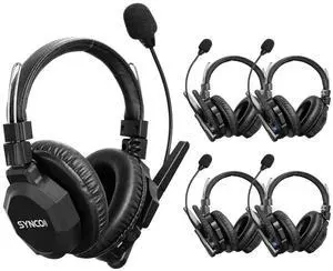 SYNCO Xtalk XMax5 Full-Duplex Wireless Intercom System with 5 Double-Ear Headsets (2.4 GHz) Random Master Device Design for Team Communication,Movie Shoot,Live Show Stage Performance (5PCS)