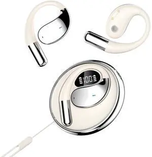 Souroyea Open Ear Earbuds, Wireless Bluetooth Headphones, Deep Bass Earphone, LED Power Display with Mic for iPhone Android Phone, Over Ear Headset for Fitness Sports Workout, White