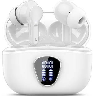 Wireless Earbuds, Bluetooth 5.4 Headphones HiFi Stereo, Bluetooth Earbuds with ENC Noise Cancelling Mic, IP7 Waterproof in Ear Earphones, 48H, LED Display Ear buds for Pad Workout Sports, White Purple