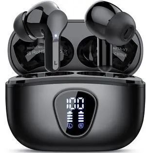 Wireless Earbuds, Bluetooth 5.4 Headphones HiFi Stereo, Bluetooth Earbuds with ENC Noise Cancelling Mic, IP7 Waterproof in Ear Earphones, 48H, LED Display Ear buds for Pad Workout Sports, Black