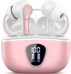 Wireless Earbuds, Bluetooth 5.4 Headphones HiFi Stereo, Bluetooth Earbuds with ENC Noise Cancelling Mic, IP7 Waterproof in Ear Earphones, 48H, LED Display Ear buds for Pad Phone Workout Sports, Pink