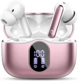 Wireless Earbuds, Bluetooth 5.4 Headphones Bass Stereo, Ear Buds with Noise Cancelling Mic, IP7 Waterproof in Ear Earphones, 36H LED Display Bluetooth Earbuds for Laptop Pad Phones Sports, Rose Gold