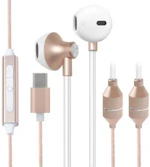 ibrain USB C Air Tube Headphones Type C EMF Free Earbuds with Patented Technology Wired Airtube Headsets with Microphone Safe in-Ear Earphones for Protection - Gold
