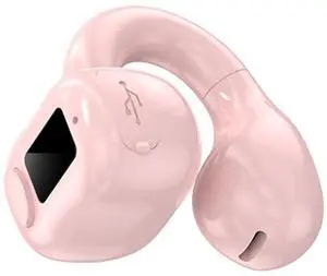 Samudgate Bluetooth 5.3 Headset Ear Clip Open Headphone Wireless Noise Cancellation Earbud IPX5 Waterproof with Power Display Cordless Sport Earphone Compatible for Android iOS (Single Ear-Pink)