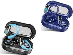 Rolosar 2 Pack Q76 Light Blue and Navy Blue Wireless Headphones Sport, Wireless Earbuds with Noise Cancelling Mic, 50H Stereo Wireless Headphones IP7 Waterproof with Earhooks for Running/Workout