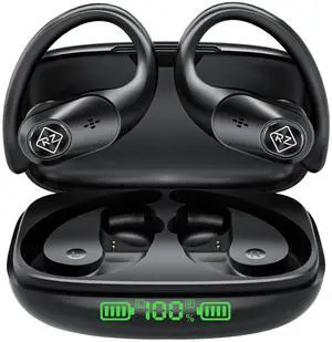 Wireless Earbuds Bluetooth Headphones 96H Playtime LED Display Waterproof Built in Mic Deep Bass Sound Secure Over Ear Buds Earhooks for iPhone Android Samsung Cell Phones Sport
