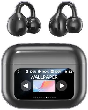 Piluyaa Clip-on Earbuds, Open Ear Earbuds with LCD Touchscreen Wireless Bluetooth 5.4, Lightweight M100 Open Ear Headphones with C-Shaped Bridge, Slim Hook,48H Battery, for Sports, Fitness (Black)