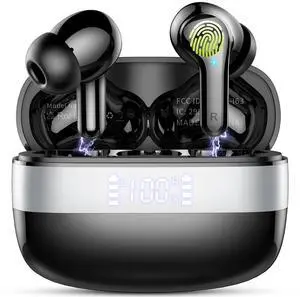 Wireless Earbuds Bluetooth, Bluetooth 5.3 HiFi Stereo Ear Buds With 4 ENC Mic, 48H Playtime Earphones with LED Power Display, IPX7 Waterproof Wireless Headphones Compatible with iOS Android. Black