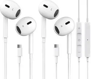 2 Packs USB C Headphones for iPhone 16/15 Earbuds with Microphone & Volume Control HiFi Stereo Type C Earphones for Galaxy S23/S22/S21/S20/Ultra Note 10/20, for iPad Pro Pixel 7/6/6a/5/4 OnePlus 9 8