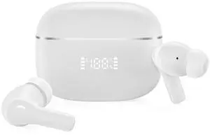 Bluetooth 5.4 Wireless Earbuds, ANC ENC Noise Cancelling, Water Resistant, Microphone, LED Display (White)