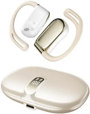 NEOQOQO Open Ear Headphones, 0.28oz Lightweight Next-Gen Bluetooth 5.4 Air Conduction Wireless Earbuds w/Extra Bass, 48H Playtime, 3 EQ Modes, ENC Mic, IPX5, Snug Fit for Workout Running Beige