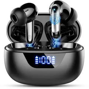 Wireless Earbuds, Bluetooth 5.3 Headphones Bass Stereo, 48Hours Playtime, 4 ENC Mic Clear Calls, Noise Cancelling Ear Buds with LED Display Charging Case,IPX7 Waterproof Earphone for Android iOS Black