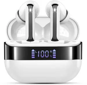 Wireless Earbuds, 2025 Bluetooth 5.4 Headphones Bass Stereo, Ear Buds with 4 Mics ENC Noise Cancelling, Bluetooth Earbuds 48H Playtime LED Display Charging Case, IP7 Waterproof in Ear Earphones white