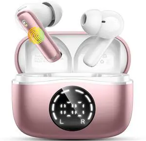 Wireless Earbuds, Bluetooth Headphones 5.4 HiFi Stereo Ear buds with ENC Noise Cancelling Mics, 48H Bluetooth Earbuds with LED Display Charging Case, IP7 Waterproof Earphones for Android iOS, Rosegold