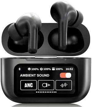 KUIZNE ANC Active Noise Cancelling Earbuds with Smart Touch Screen, Bluetooth 5.4 Headphones Built-in HD Mic, Touch Screen Earbuds, Waterproof in Ear Earphones for iOS/Android