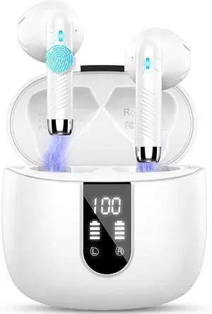 Kicoeon Wireless Earbuds, Bluetooth Headphones 48H Playtime Ear Buds with LED Power Display, IPX7 Waterproof Bluetooth 5.3 Earphones in-Ear Earbuds with 4 Mic for Android iOS Cell Phone Laptop, White