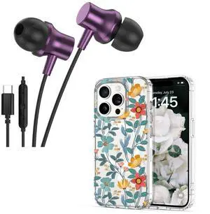 Jiunai USB C Earbuds for iPhone 15 Pro Max Case Compatible with Magsafe Bloom Flower Anti Yellow Type C Headphone in Ear Magnetic Corded + Clear Phone case for iPhone 15 Pro Max