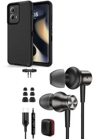 Jiunai for Moto Edge 2024 Case Heavy Duty + USB C Headphone in Ear Magnetic Noise Isolation Stereo Remote Control Audio Corded Earphones + Phone Case for Motorola Edge 2024 Black