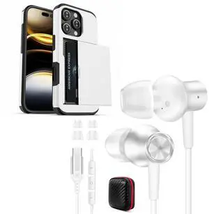 Jiunai for iPhone 16 Pro Case Card Holder + USB C Headphone for iPhone 16 Pro Magnetic Attached in Ear Type C Earbuds + Wallet Case for iPhone 16 Pro 6.3'' Silver