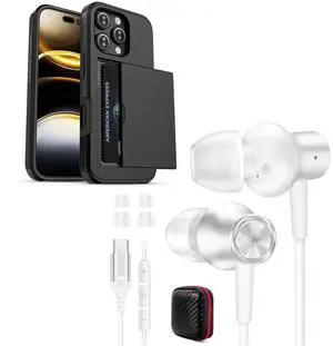 Jiunai for iPhone 16 Pro Case Card Holder + USB C Headphone for iPhone 16 Pro Magnetic Attached in Ear Type C Earbuds + Wallet Case for iPhone 16 Pro 6.1'' Black + Silver