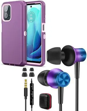 Jiunai Wired Earbuds Headphones with 3.5mm Jack + Phone Case for Moto G 5G 2024 Heavy Duty in Ear Built-in Mic Tangle-Free Earphone for Motorola G 5G 2024 Grediant Purple + Purple