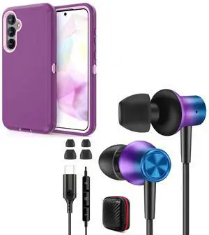 Jiunai for Galaxy A35 5G Case with Port Cover + USB C Headphone with Mic in Ear Magnetic Noise Isolation Stereo Heavy Duty Shockproof case with Audio Corded Earphones for Samsung Galaxy A35 5G Purple