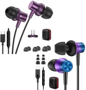 Jiunai 2 Pack USB C Headphones for Samsung S24 Type C Wired Ear Bud with Mic Volume Control in Ear Magnetic Noise Isolation Corded USB-C Headphone for iPad Pro M4 iPhone 15