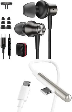 Jiunai USB C to USB C Cable + USB C Headphone for iPhone 15 6ft iPhone 15 Pro Max Charger Cord Nylon Braided Right Angle 240W USB-C PD Long Wire Type C Charger Cable + in Ear Magnetic Earphones Gray