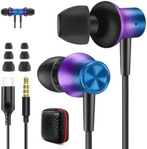 Jiunai USB C Headphone + Wired Earbuds with 3.5mm Jack 2 Pack Earphone Built-in Mic Volume Control Magnetic Stereo Sound Corded Headphones for Cellphone Laptop PC Gradient Purple 2 Pack