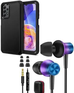 Jiunai Wired Earbuds Headphones with 3.5mm Jack + Galaxy A23 5G Case Heavy Duty [NOT for UW] Port Cover in Ear Built-in Mic Earphones for Samsung A23 5G Grediant Purple + Black