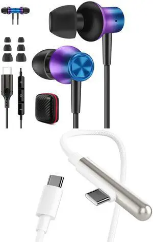 Jiunai USB C to USB C Cable + USB C Headphone for iPhone 15 6ft iPhone 15 Pro Max Charger Cord Nylon Braided Right Angle 240W USB-C PD Long Wire Type C Charger Cable + in Ear Magnetic Earphones