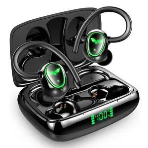 HUJINA Bluetooth Wireless Headphones Earbuds 60hrs Playback Ear Buds IPX6 Waterproof Stereo Bass Over-Ear Earphones with Earhooks Microphone LED Battery Display for Sports/Workout/Gym/Running