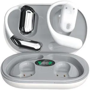 Hsility Wireless Earbuds Bluetooth Earbuds Built-in Mic with Ear Hooks 50H Playtime Ear Buds LED Display Charging Case Waterproof Design for Running Fitness (White)