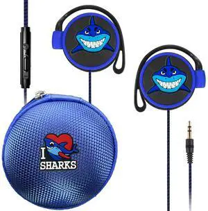 GOGOSINIS Earbuds Set with Case for Kids for School, Wired Over-Ear 3.5mm Headphones for Phone and PC, Wrap Around Ear Buds with Earhook for Kids 3-8, Comfortable Earphones with Hook.(Blue-Shark)