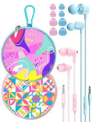 GOGOSINIS Kids Earbuds 3.5mm Two-Pack with Case  Wired Earbuds for School, Small Ear Tips, Mini Carabiner, Stereo Sound, 3.5mm Jack, Stylish Designs for Kids & Teens (Energetic Bloom)