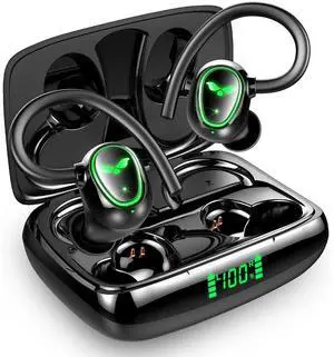 GJB Bluetooth Wireless Headphones Earbuds 60hrs Playback Ear Buds IPX6 Waterproof Stereo Bass Over-Ear Earphones with Earhooks Microphone LED Battery Display for Sports/Workout/Gym/Running