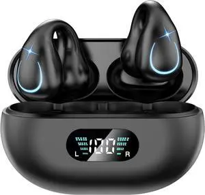 gidosha Open Ear Clip Wireless Earbuds Bluetooth 5.3, Sports Earphones Built-in Microphone with Earhooks & Ear Hook, Wireless Charging Case & Display, Waterproof Fitness Headphones for Sports