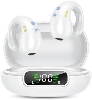 Open Ear Clip on Headphones, Wireless Earbuds Bluetooth 5.3 Sport Earphones Built-in Mic with Ear Hooks 36H Playtime Ear Buds LED Display Charging Case, Waterproof Design for Running Fitness, White