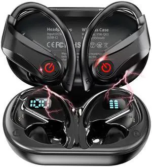 EUQQ Earbuds Wireless Bluetooth 120h Battery 5.3 Sports Waterproof Bluetooth Headphones Over The Ear Wireless Black with Earhooks for Workout Running Gym LED Display