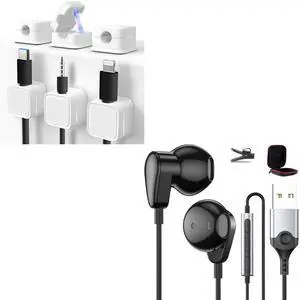 USB Earphones for PC & Magnetic Cable Clips 6 Pack 7.5ft Wired Earbuds Noise Canceling Half in-Ear Computer USB A Headphones Cord Holder Thickened Secure Adhesive Cord Organizer Desk Cable Management