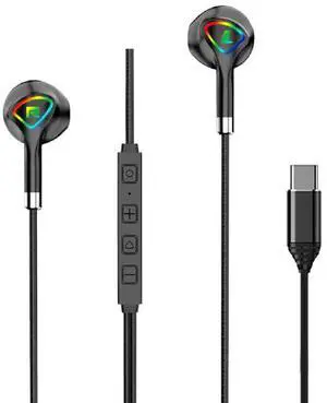 USB C Headphone for Samsung S23 FE S22 S21 A54 Wired Earbuds,in-Ear Type C Earphone with Microphone Volume Control RGB Light Bass Stereo for iPhone 16/15 Pro Max Pixel 6 6a 7a 8