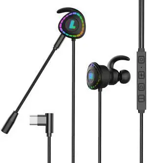 USB-C in-Ear Gaming Headset,Type-C Gaming Earbuds Wired E-Sport Earphone Noise Cancelling Stereo Bass Gaming Headphone with Adjustable Mic and RGB Light for iPhone 16/15Pro Max Pixel 8 7 6
