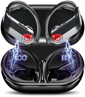 EUQQ Earbuds Wireless Bluetooth 120h Battery 5.3 Sports Waterproof Bluetooth Headphones Over The Ear Wireless with Earhooks for Workout Running Gym LED Display Black