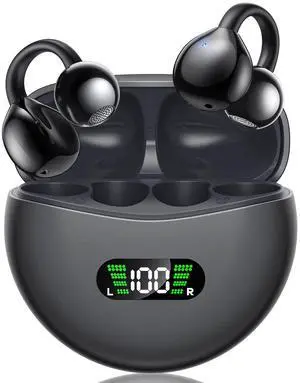 ABCDONG Wireless Earbuds Open Ear Clip On Headphones with LED Digital Display Charging Case Touch Control Bluetooth 5.4 Air Conduction Sport Earphones for Running Fitness, Dark Grey