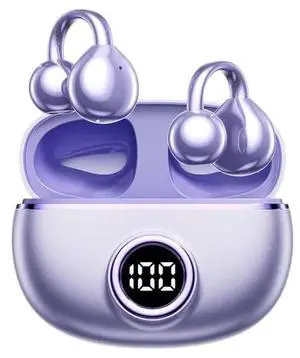 ACEMO Bluetooth Headphones Wireless Earbuds Earphones HiFi Stereo 40H Playtime Open-Ear Earbud Ear Clip with LED Power Display Waterproof Fitness Running Workout Headphones for Android iOS, Purple