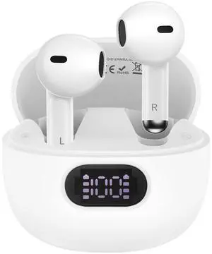 Wireless Earbuds Bluetooth Headphones in Ear Buds with Stereo Deep Bass, 60H Bluetooth Ear Buds with 4 ENC Noise Cancelling Mics, IP7 Waterproofing Earphones Hands-Free Calls Dual LED Display, White