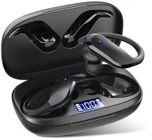 NDO Wireless Earbuds Bluetooth 5.3 Headphones Sport,IPX7 Waterproof Sports Earphones with Earhooks,48H Playtime,Lightweight 7.8g,Fast Charging Case,Noise Cancelling Mic for Running Gym Workout-Black