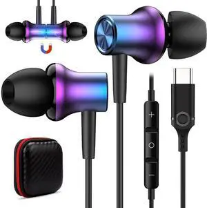 COOYA for Samsung Galaxy A35 Wallet Case Flip Card Holder+USB C Headphones HiFi Stereo Type-C Wired Earbuds Gradient Purple Blue
