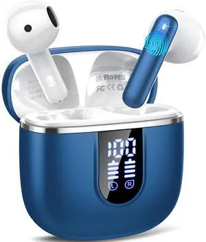 Wireless Earbuds, Bluetooth 5.4 Headphones in Ear Buds, HiFi Stereo Wireless Earphones with 4 ENC Noise Cancelling Mics, 40H Wireless Headphones with IP7 Waterproof, Dual LED Display USB C, Blue