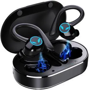 Sports Wireless Headphones Bluetooth 5.1 Earbuds Stereo Headset with Earhook Over-Ear Earphones with HD Mic for Games Esports Running Workout (Black)